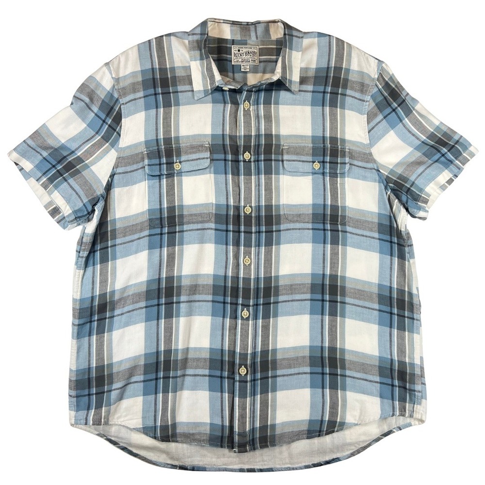 Lucky Brand Plaid Button Front Shirt Mens XXL Blue Cotton Short Sleeve Casual